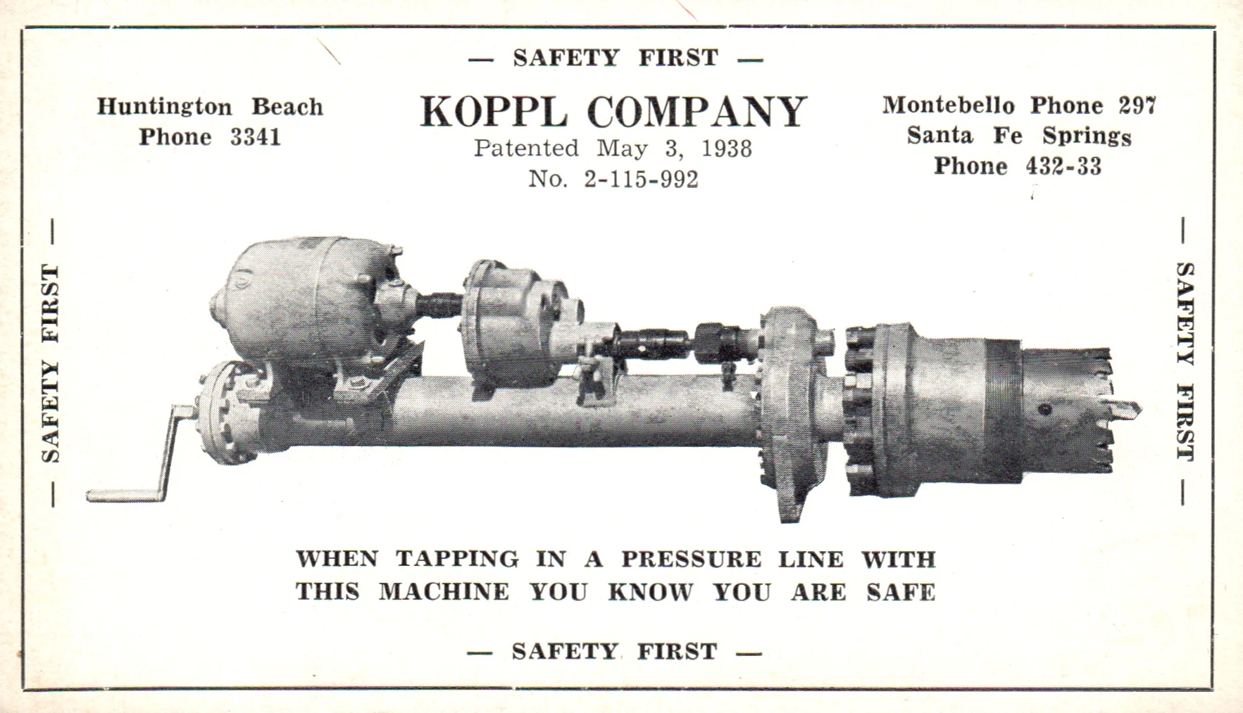 Historic Koppl Company machine card listing the 1938 hot tap patent and the words Safety First