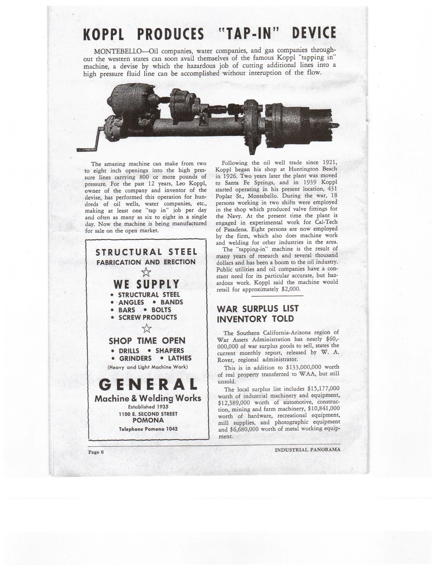 Industrial Panorama newspaper page headlined Koppl Produces Tap-In Device